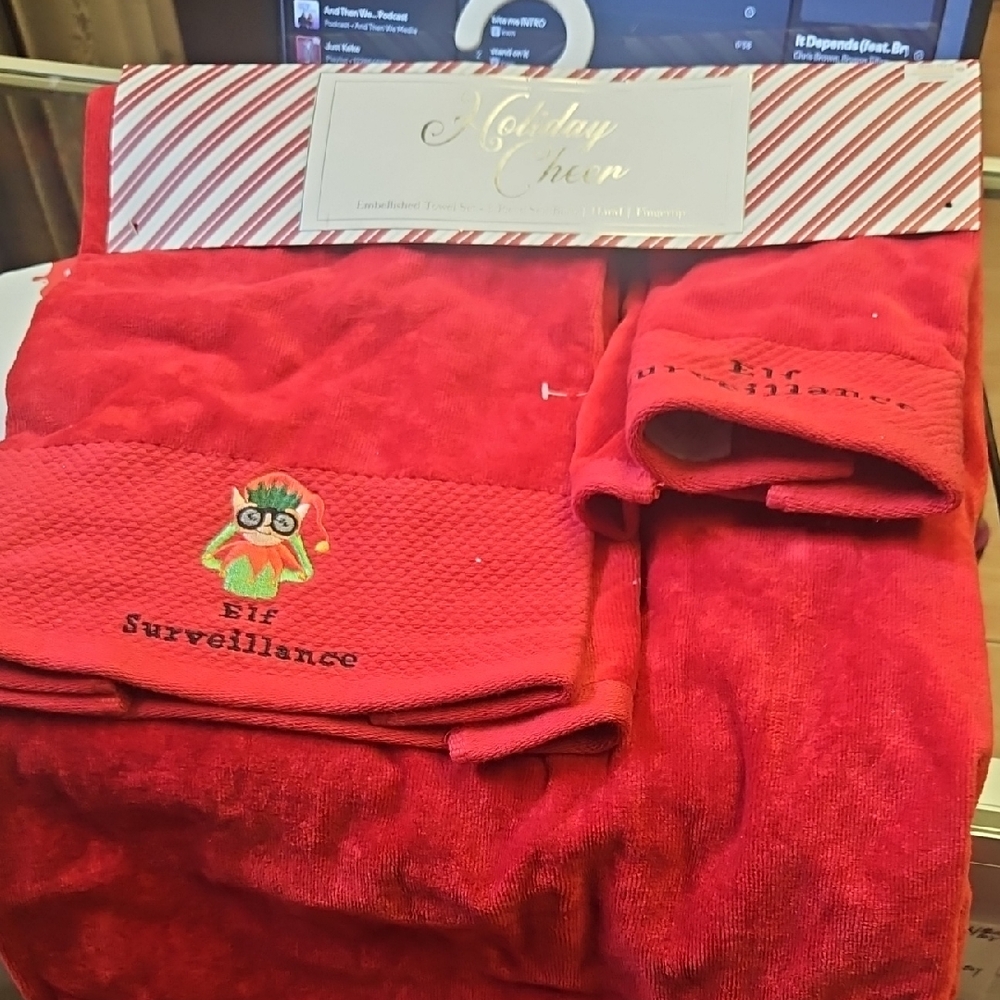 Red Holiday Kitchen Towel Set with Elf Design